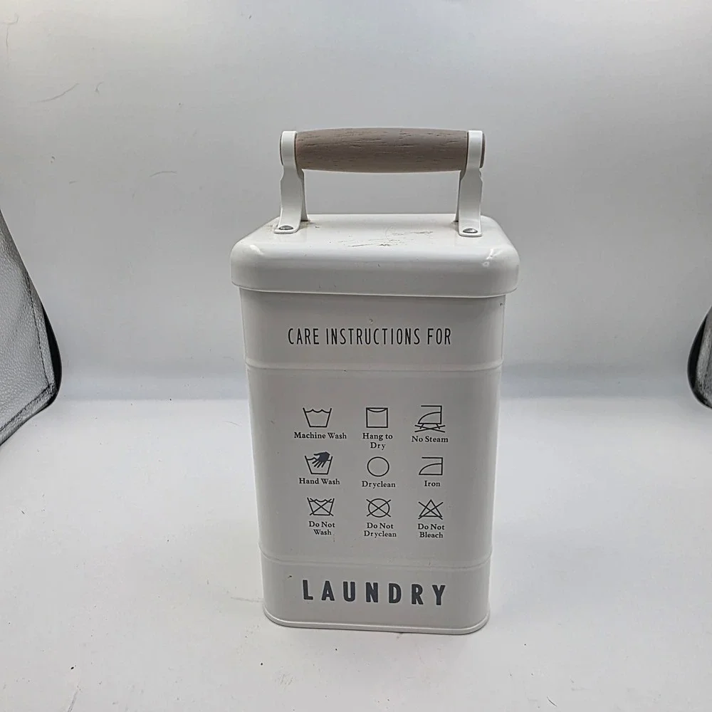 Farmhouse Metal Laundry Detergent Storage Tin Bin with Wood Handle Cream White